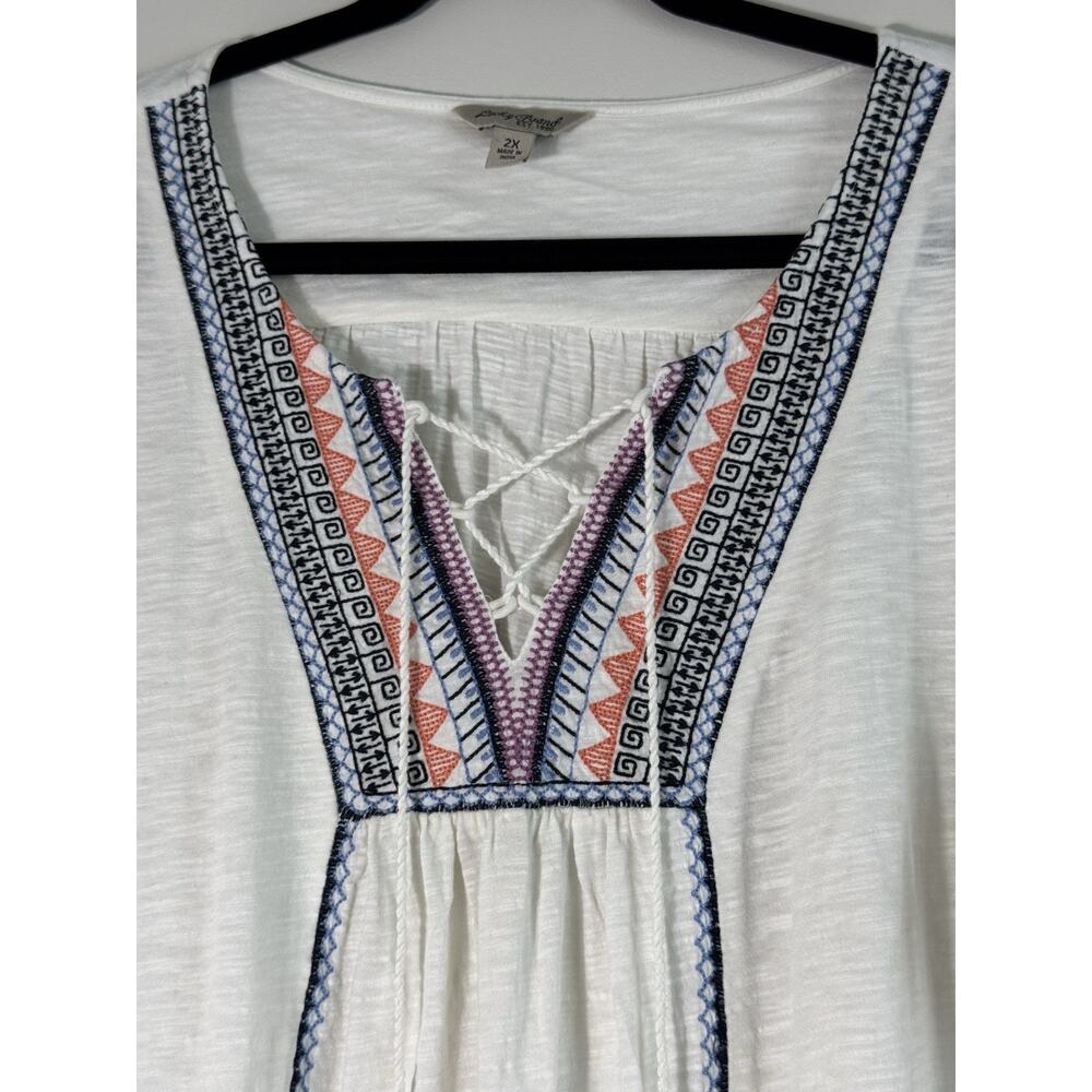 Lucky Brand Embroidered Tasseled Knit Tunic Blouse White Geometric Size 2X - Picture 3 of 11